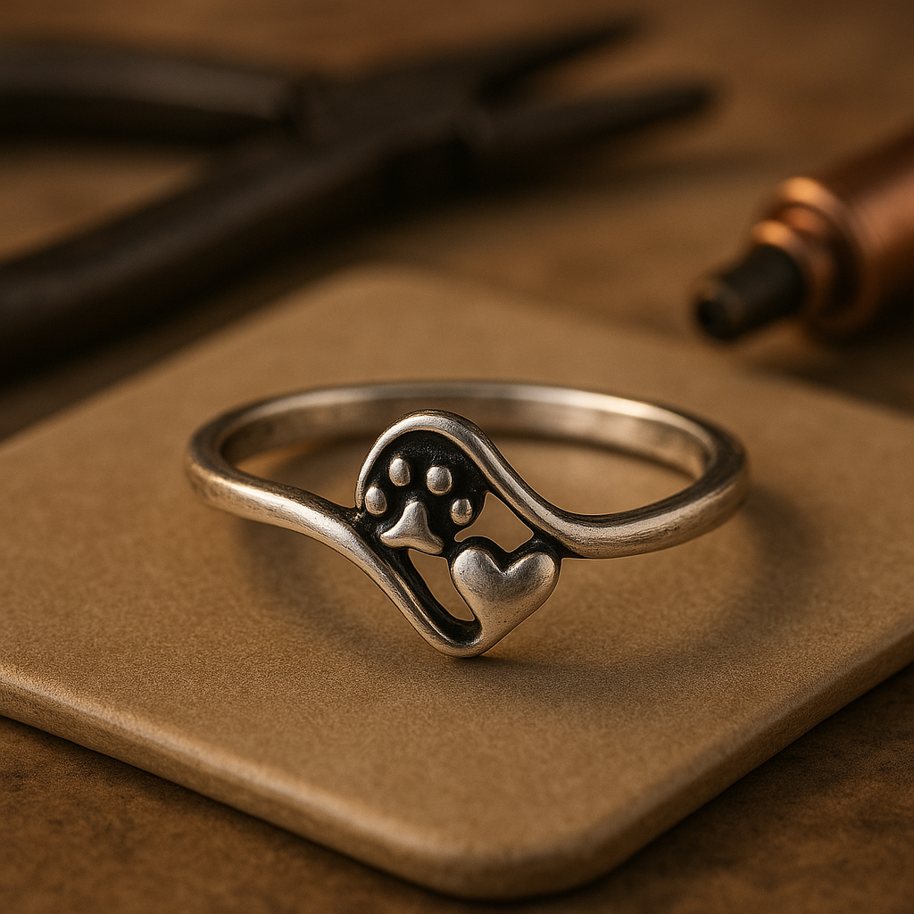 Silver Ring with Paw Print and Heart