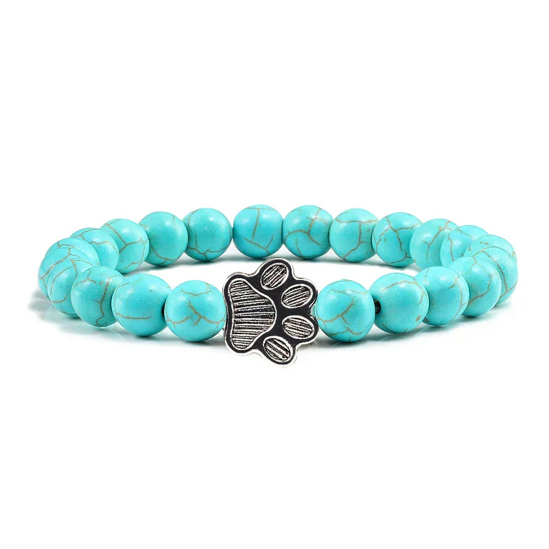 Natural Stone Bracelet with Paw Charm – Elastic Beaded Bracelet for Men & Women