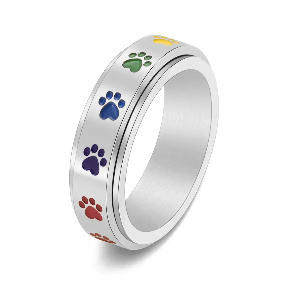Rotatable anti-stress ring with paws – stainless steel ring with rainbow colours