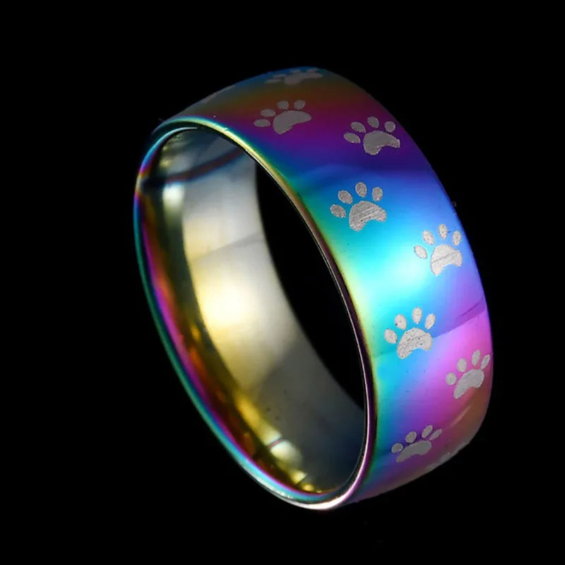 Handmade Rainbow Stainless Steel Ring with Paw Print
