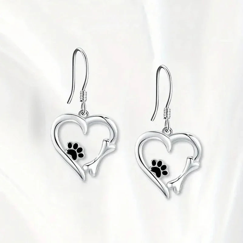 Heart-Shaped Drop Earrings with Paw Print β Playful Silver Jewellery