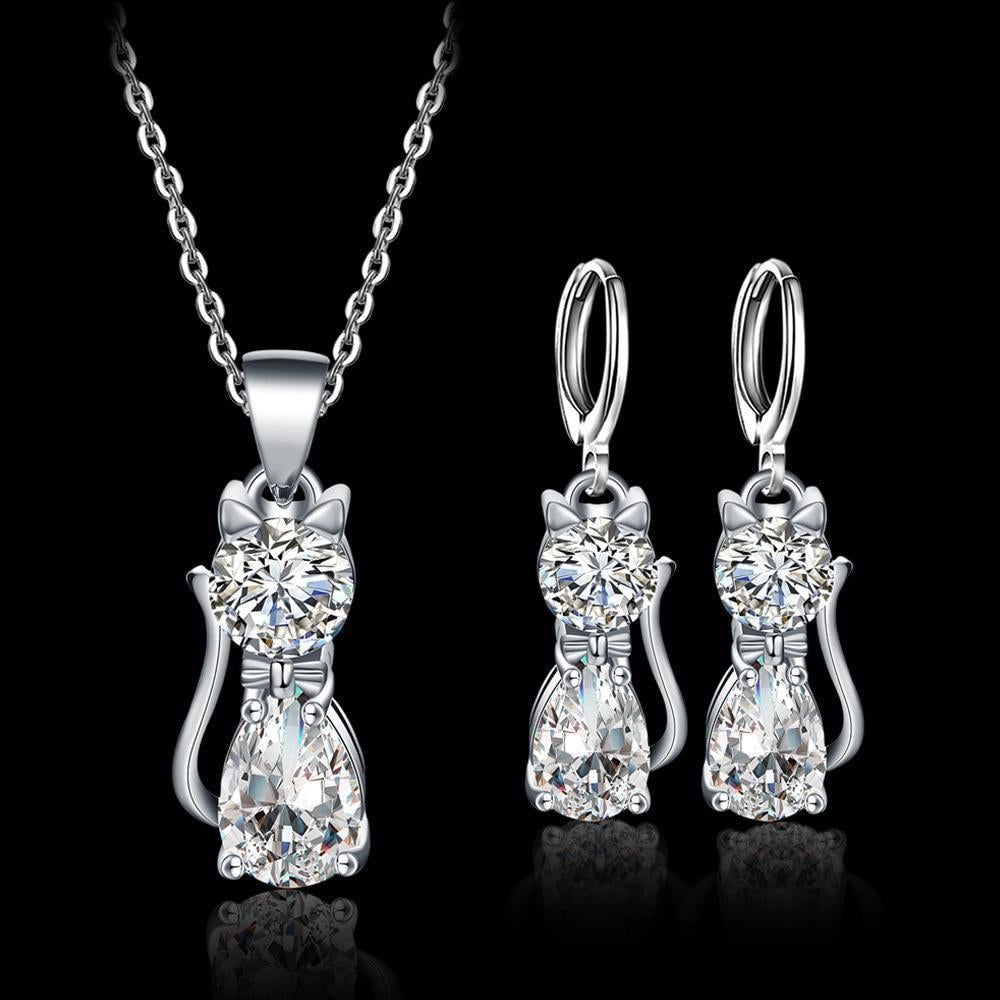 Necklace and Earring Set – Happy Cats in Silver with Cut Zirconia