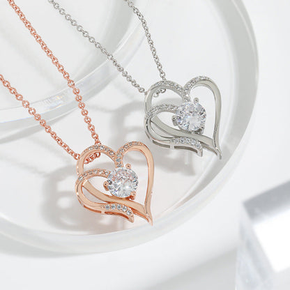 Double Heart Necklace with Zirconia – Adjustable Ladies' Necklace