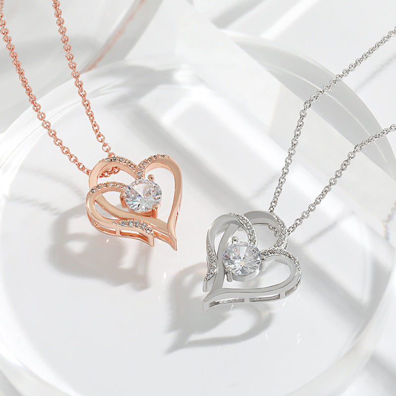 Double Heart Necklace with Zirconia – Adjustable Ladies' Necklace