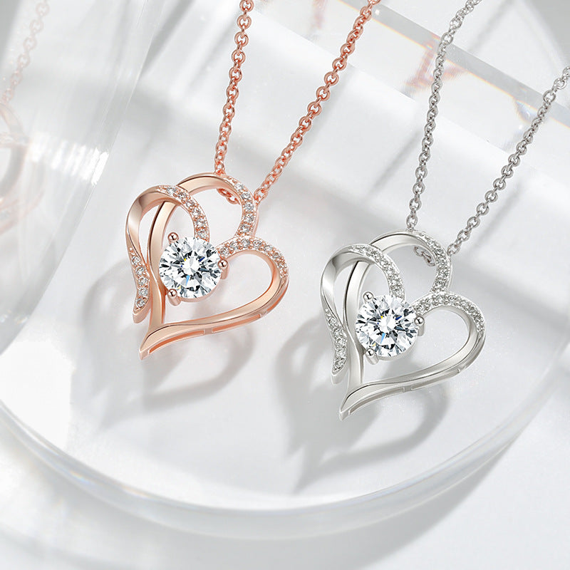 Double Heart Necklace with Zirconia – Adjustable Ladies' Necklace