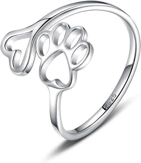 Handmade heart-shaped ring with paw print in sterling silver and adjustable