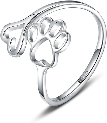 Handmade heart-shaped ring with paw print in sterling silver and adjustable