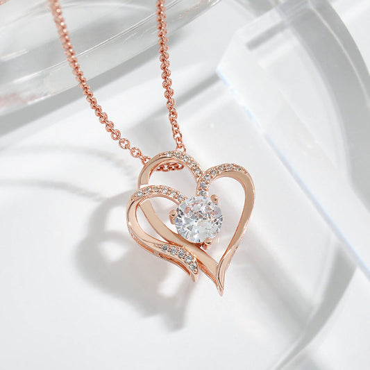 Double Heart Necklace with Zirconia – Adjustable Ladies' Necklace