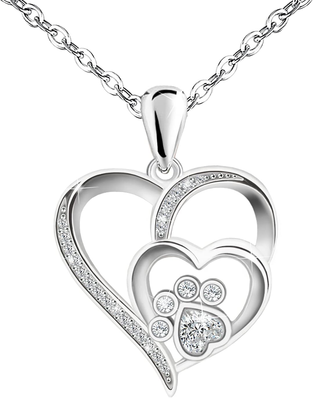 Pet Necklace for Women – Sterling Silver Heart Pendant with Paw Print and Zirconia