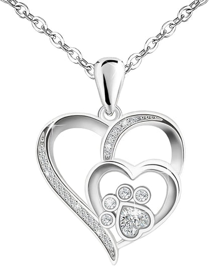 Pet Necklace for Women – Sterling Silver Heart Pendant with Paw Print and Zirconia