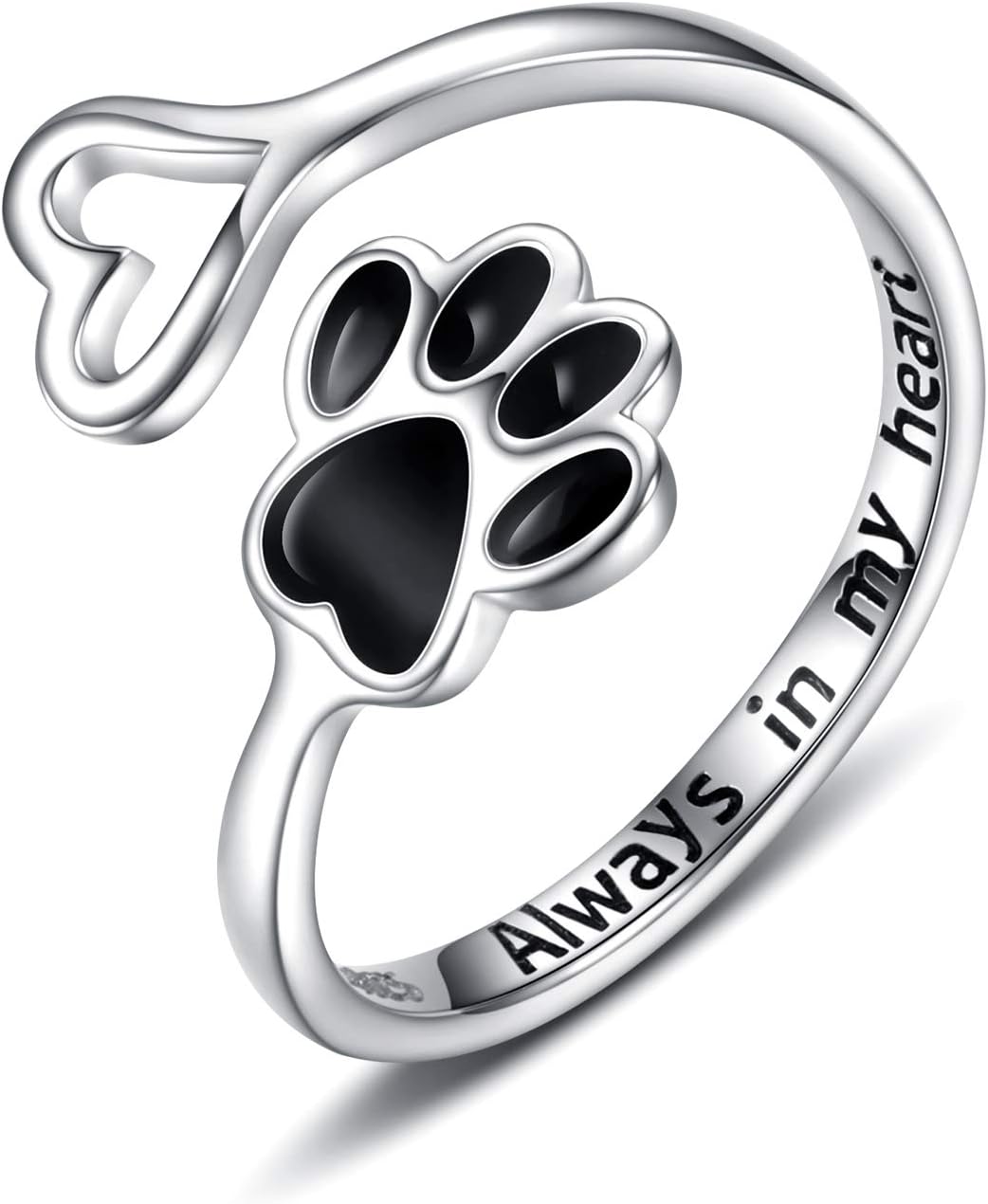 Handmade heart-shaped ring with paw print in sterling silver and adjustable