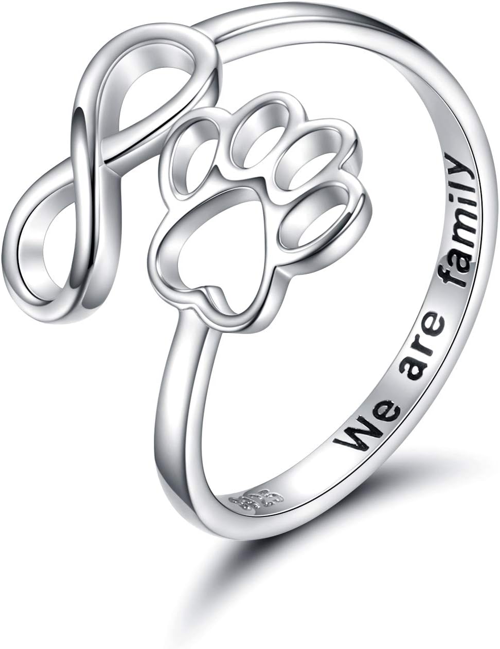 Handmade heart-shaped ring with paw print in sterling silver and adjustable
