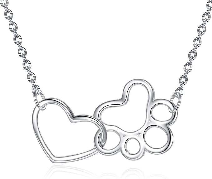 Dog Paw Necklace in Sterling Silver – Heart Crystal Pendant with Dog Paw