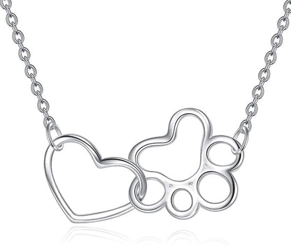 Dog Paw Necklace in Sterling Silver – Heart Crystal Pendant with Dog Paw