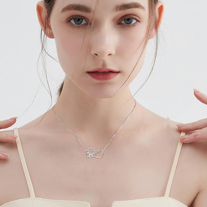 Dog Paw Necklace in Sterling Silver – Heart Crystal Pendant with Dog Paw