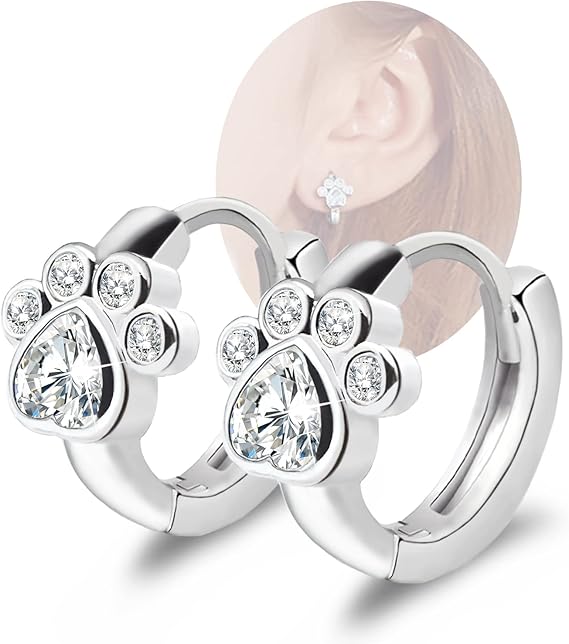 Small Hoop Earrings with Paw Print Design – Animal Huggie Earrings for Women