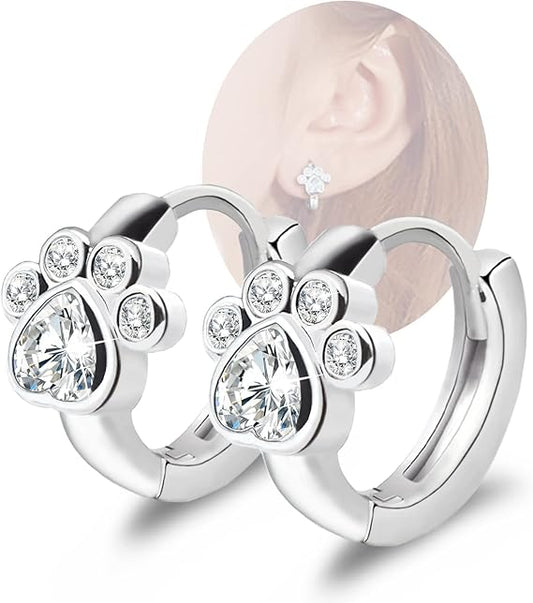 Small Hoop Earrings with Paw Print Design – Animal Huggie Earrings for Women