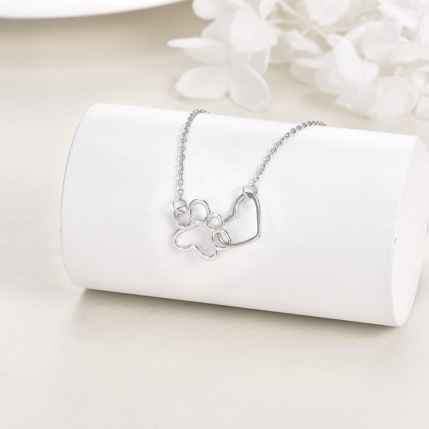 Dog Paw Necklace in Sterling Silver – Heart Crystal Pendant with Dog Paw