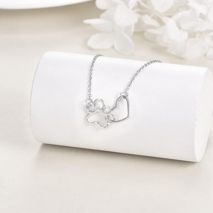 Dog Paw Necklace in Sterling Silver – Heart Crystal Pendant with Dog Paw