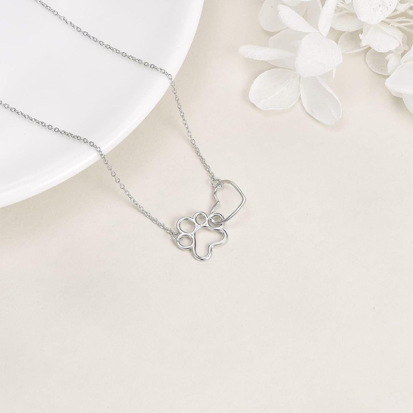 Dog Paw Necklace in Sterling Silver – Heart Crystal Pendant with Dog Paw