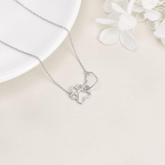 Dog Paw Necklace in Sterling Silver – Heart Crystal Pendant with Dog Paw