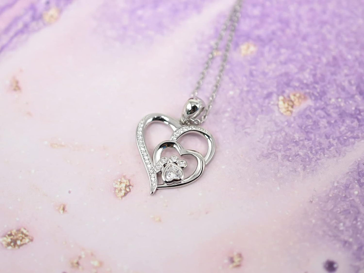 Pet Necklace for Women – Sterling Silver Heart Pendant with Paw Print and Zirconia