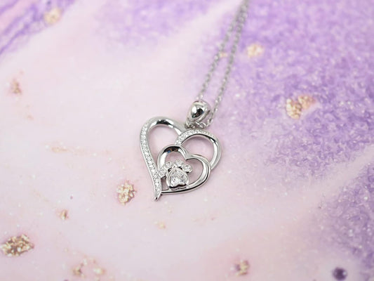 Pet Necklace for Women – Sterling Silver Heart Pendant with Paw Print and Zirconia