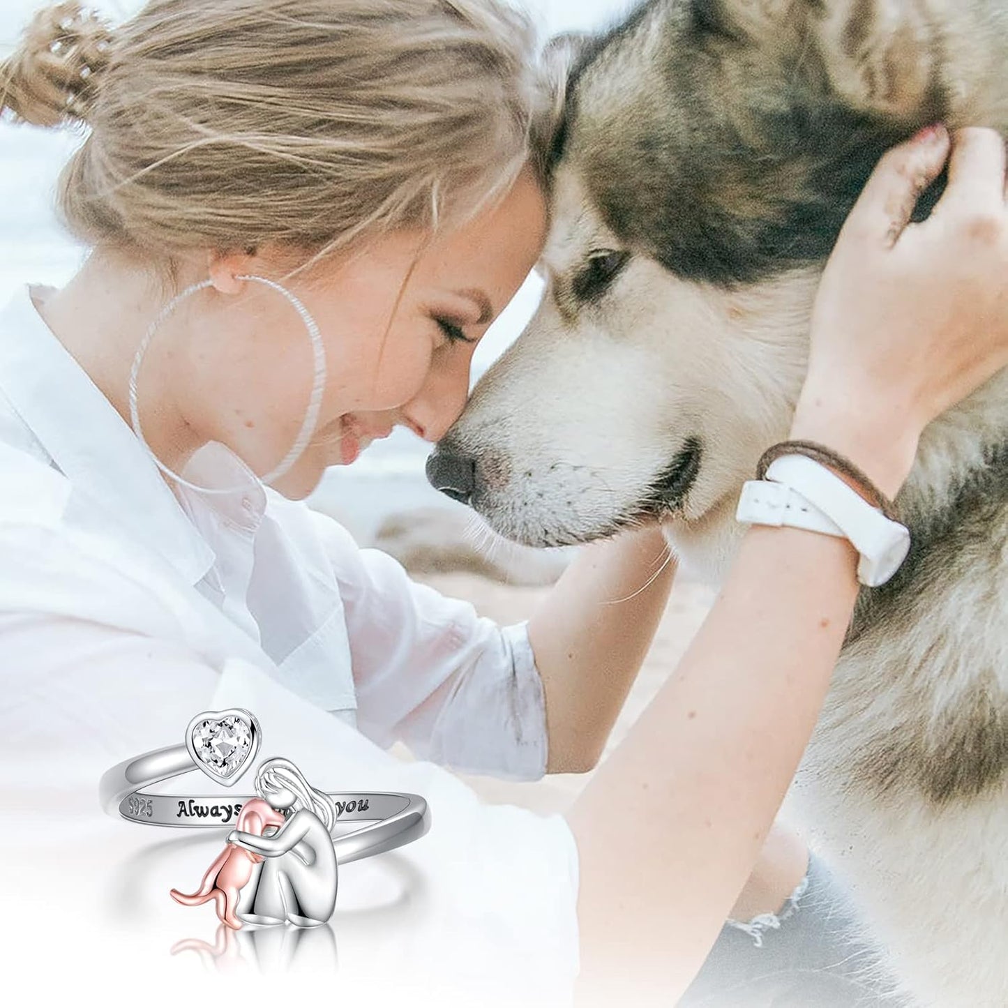 Dog Ring in 925 Sterling Silver and White Zirconia – Adjustable Ring