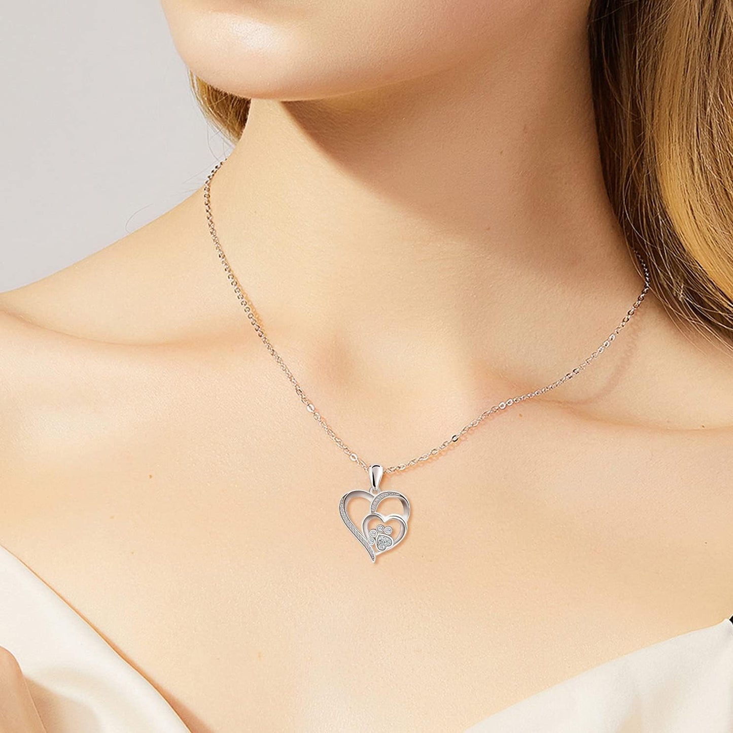 Pet Necklace for Women – Sterling Silver Heart Pendant with Paw Print and Zirconia