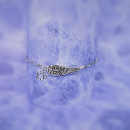 Silver Remembrance Bracelet with Angel Wings and Paw Print | Handmade