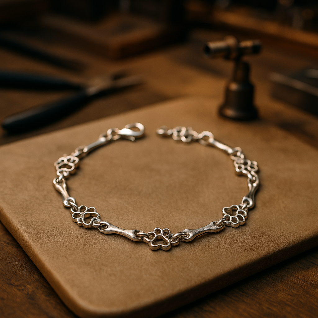 Bracelet with Dog Paw and Bone Charms in Pure Silver