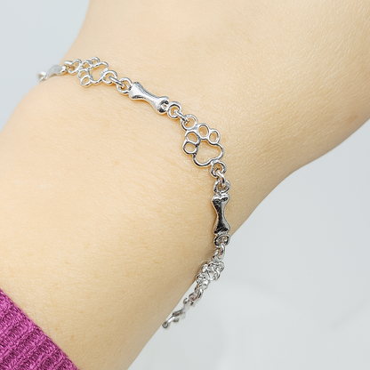 Bracelet with Dog Paw and Bone Charms in Pure Silver