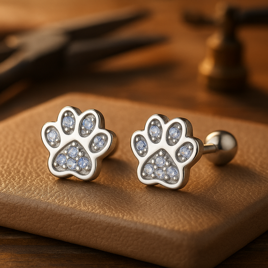 Silver Stud Earrings with Paw Print – Crystal Accent