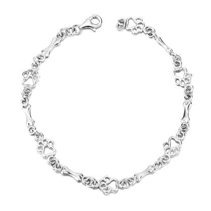 Bracelet with Dog Paw and Bone Charms in Pure Silver