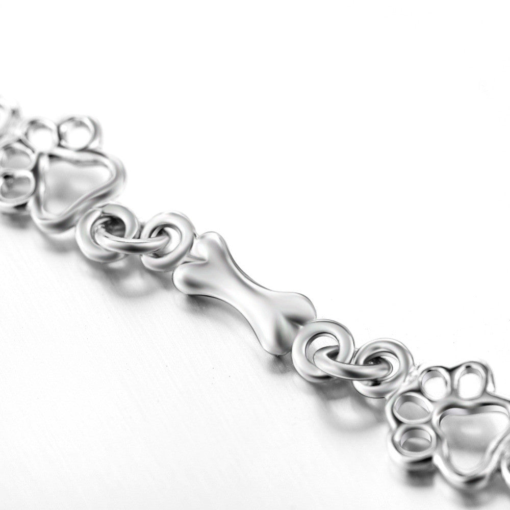 Bracelet with Dog Paw and Bone Charms in Pure Silver