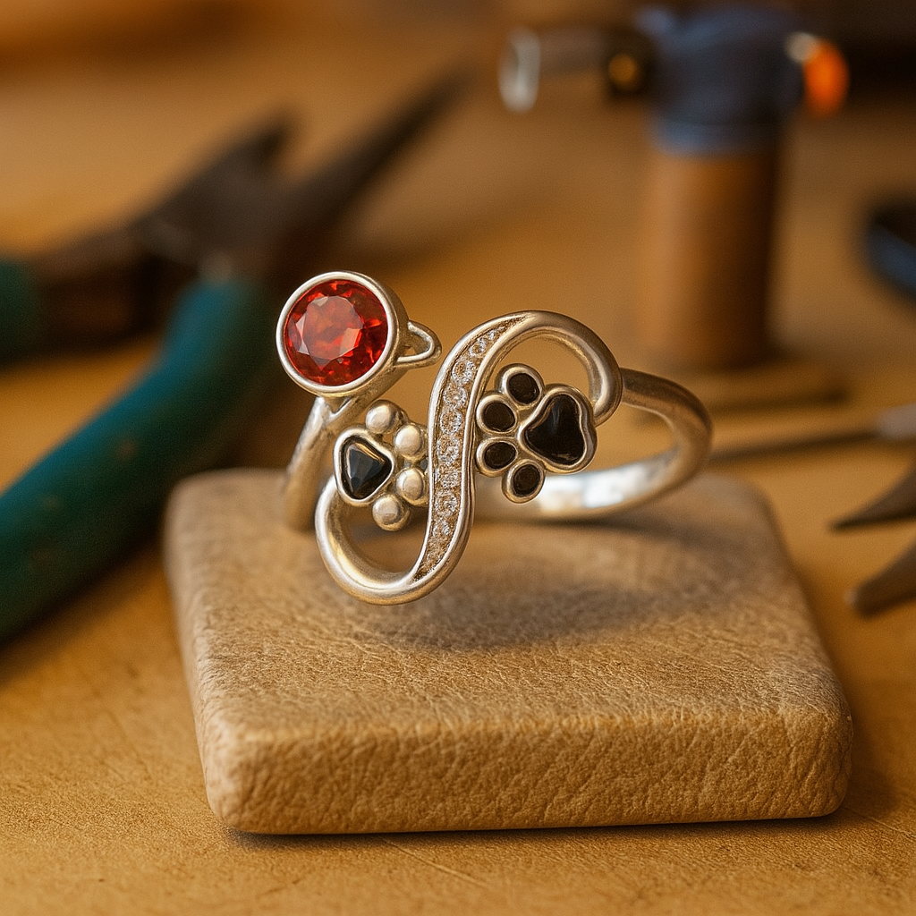 Adjustable Ring with Black Paw Prints and Red Gemstone