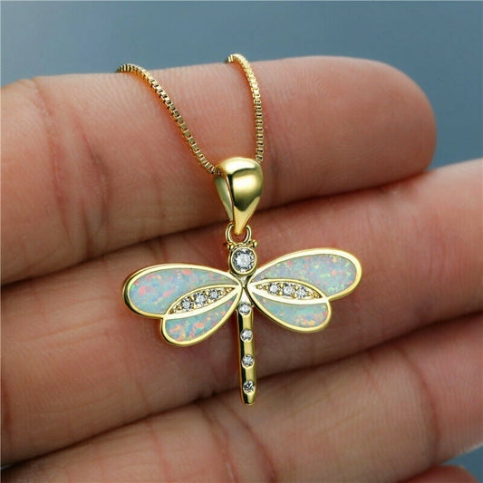 Dragonfly Pendant, gold-coloured with opal