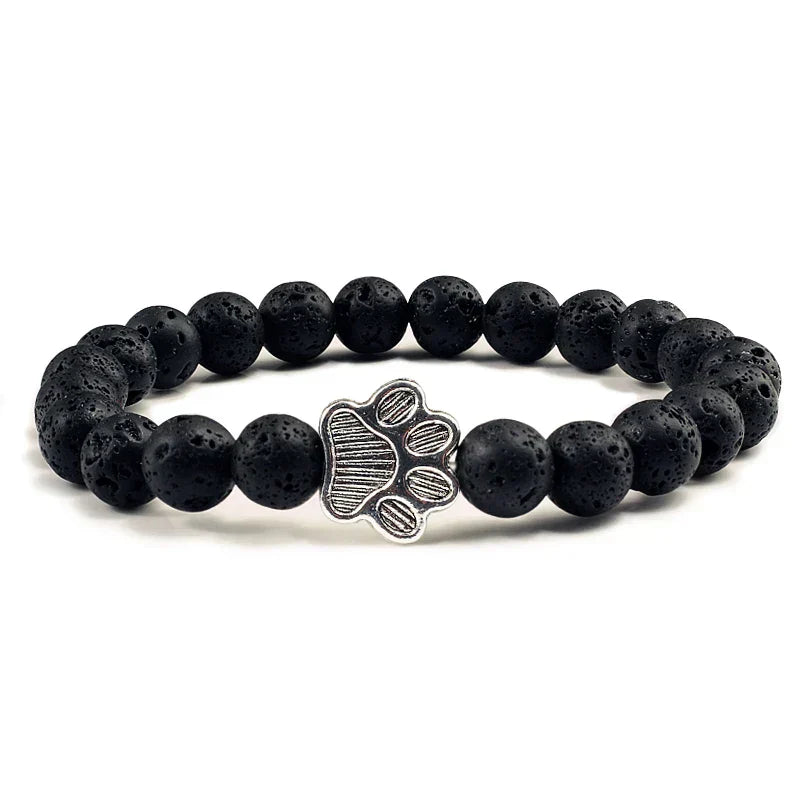 Natural Stone Bracelet with Paw Charm – Elastic Beaded Bracelet for Men & Women