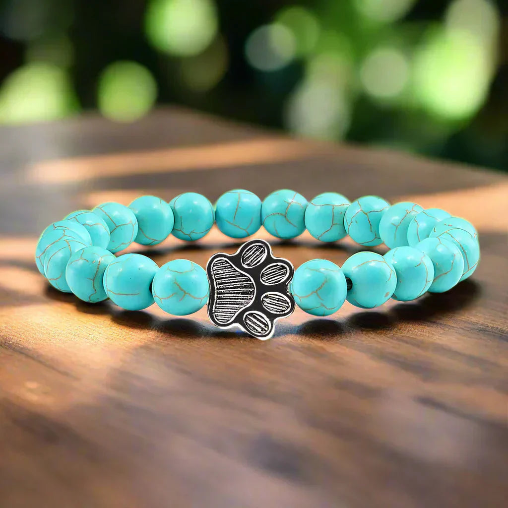 Natural Stone Bracelet with Paw Charm – Elastic Beaded Bracelet for Men & Women