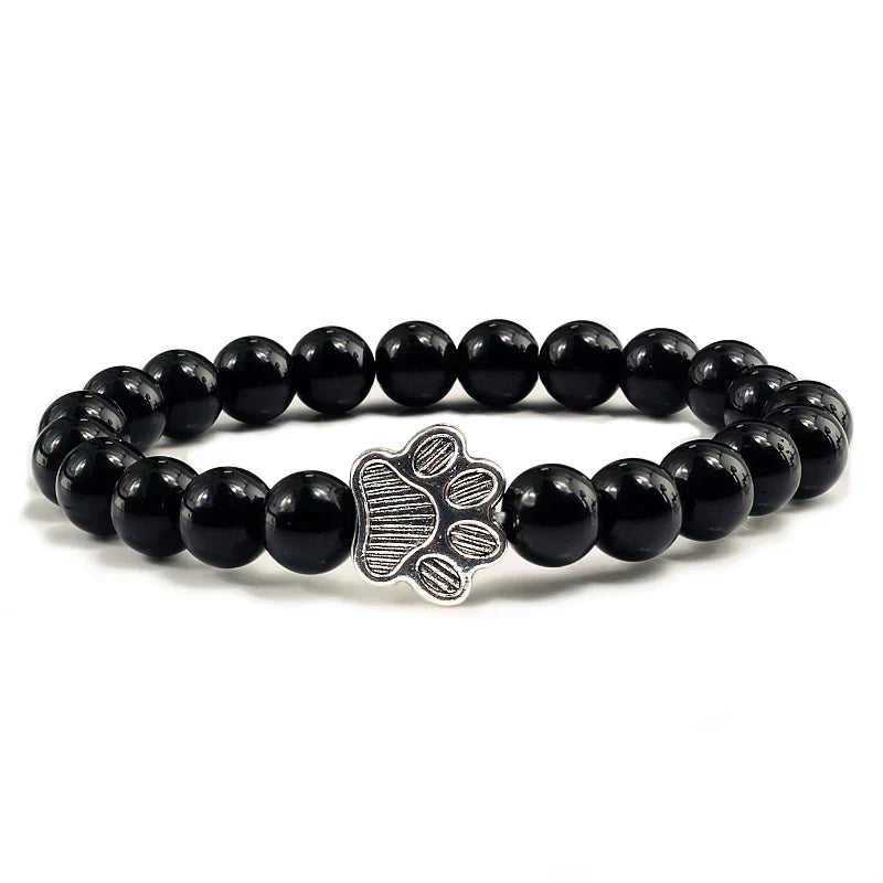 Natural Stone Bracelet with Paw Charm – Elastic Beaded Bracelet for Men & Women