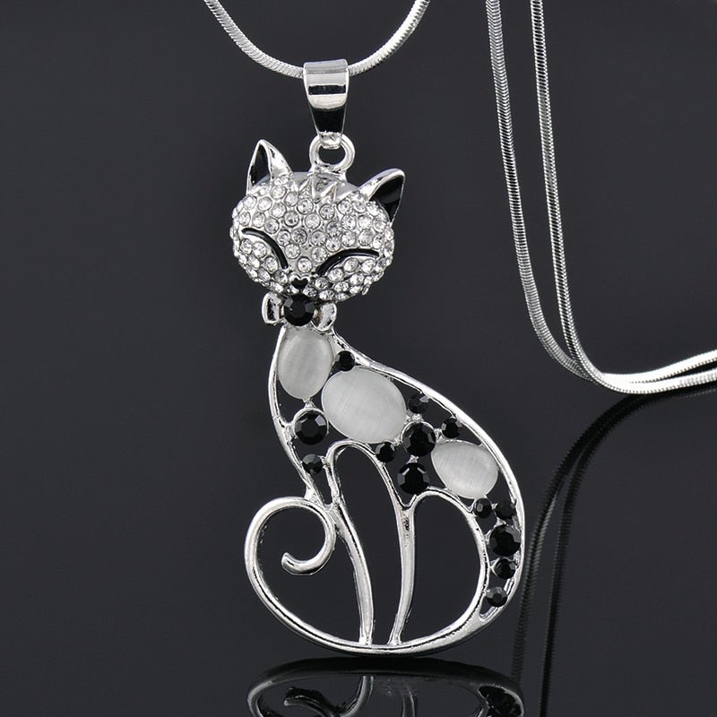 Silver Cat Necklace with Zirconia