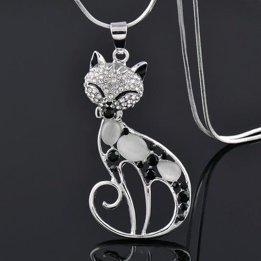 Silver Cat Necklace with Zirconia