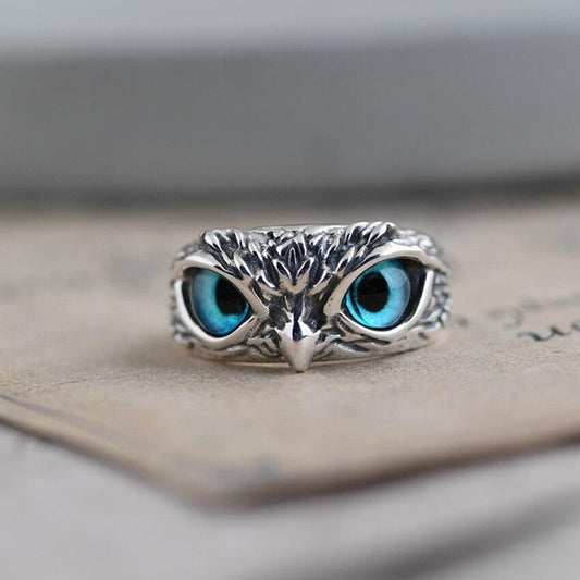 Adjustable Lucky Owl Ring in Silver with Opal