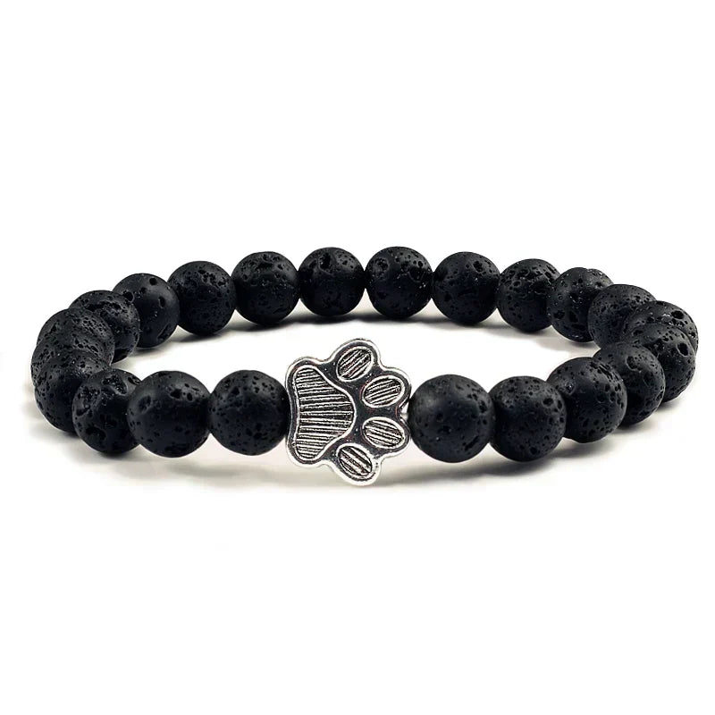 Natural Stone Bracelet with Paw Charm – Elastic Beaded Bracelet for Men & Women