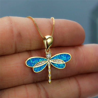 Dragonfly Pendant, gold-coloured with opal