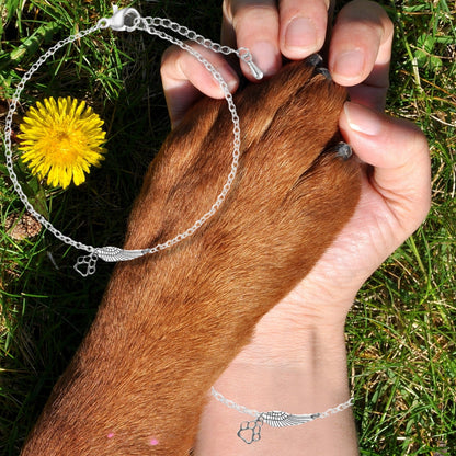 Silver Remembrance Bracelet with Angel Wings and Paw Print | Handmade