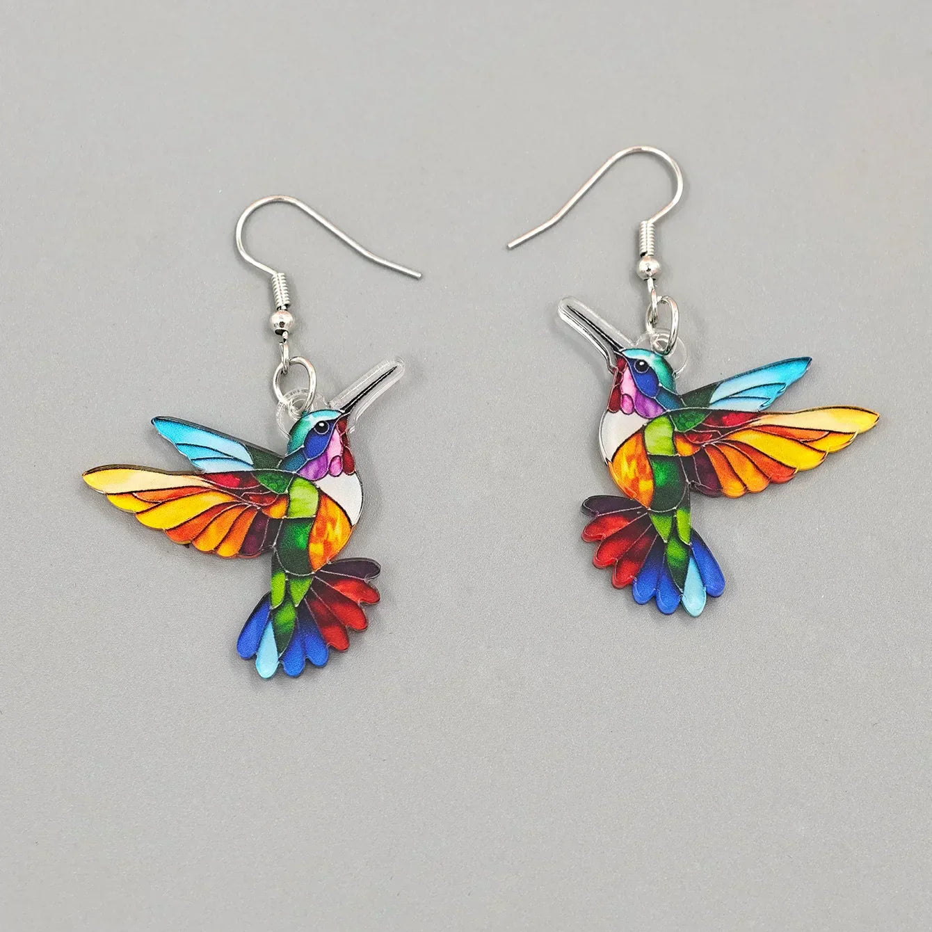 Colourful Hummingbird Dangle Earrings – Acrylic Bird Earrings in 2D Design