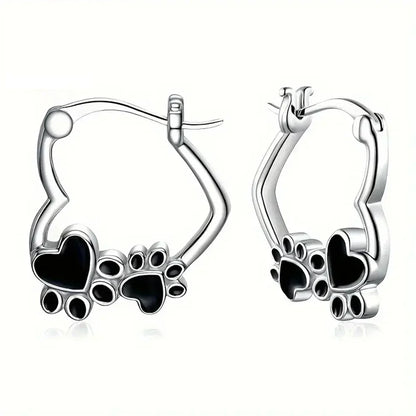 Hart-Poot Hoop Earrings – Silver Animal Motif Earrings with Black Enamel Design