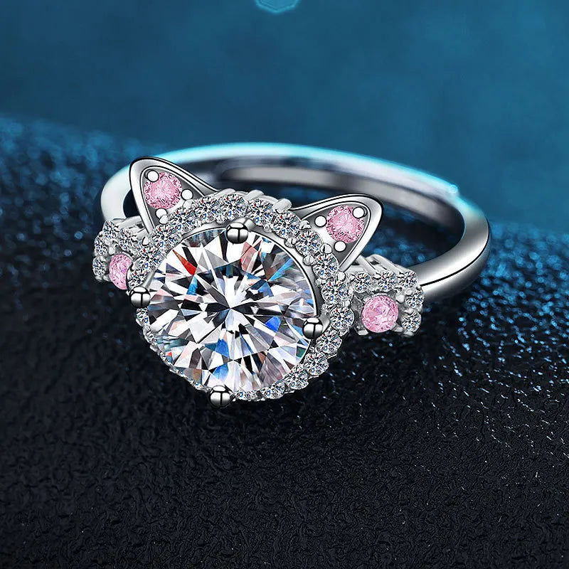 Adjustable Cat Ring with Zirconia – Cute Ladies' Ring
