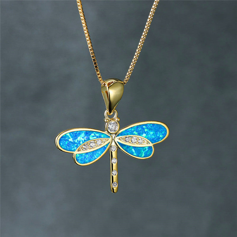 Dragonfly Pendant, gold-coloured with opal